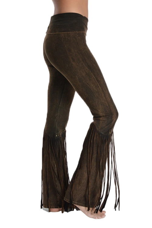 T-Party Fold Down STUDS and FRINGE Bottom Mineral Washed Yoga Pants - Brown - Side View