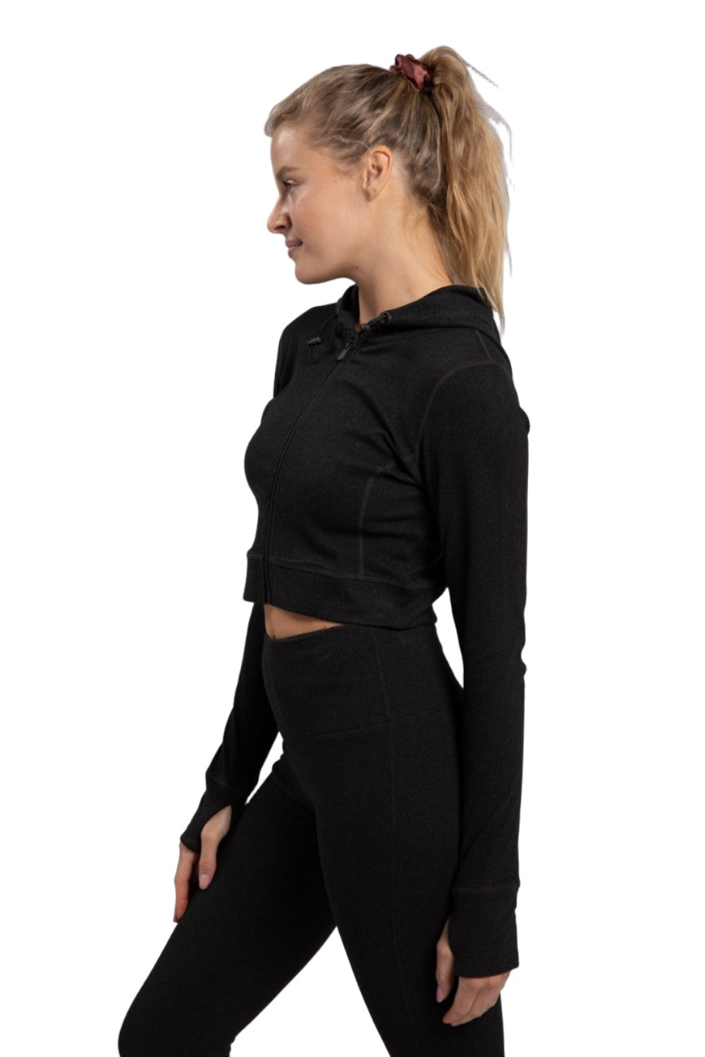 Mono B Cropped Zip Hoodie with Thumbholes AJ-A1061 - Black - Side View