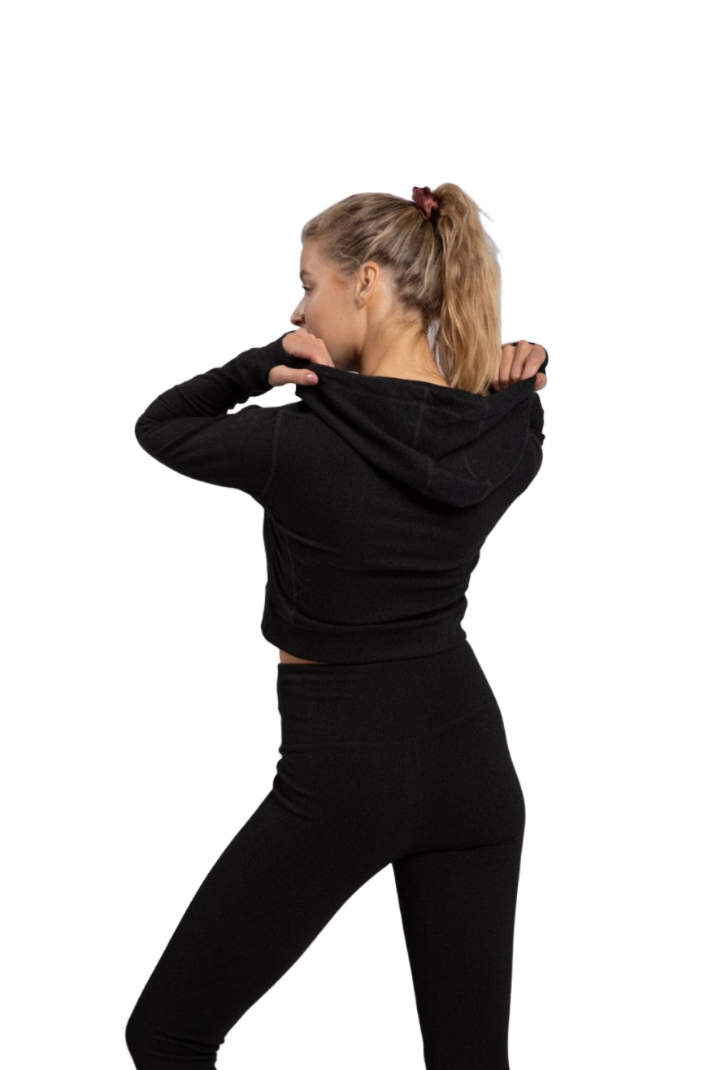 Mono B Cropped Zip Hoodie with Thumbholes AJ-A1061 - Black - Back View