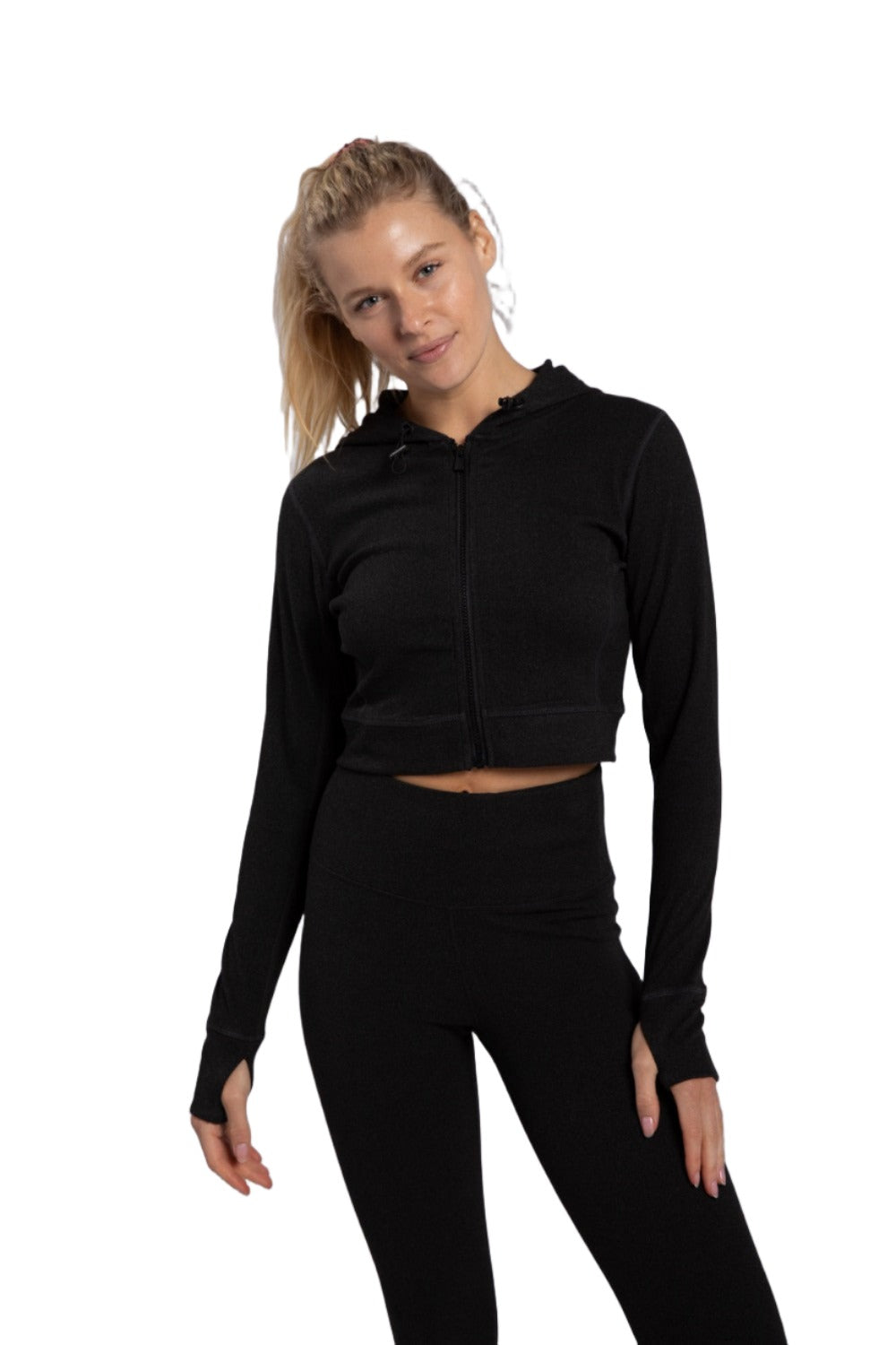 Mono B Cropped Zip Hoodie with Thumbholes AJ-A1061 - Black - Front View