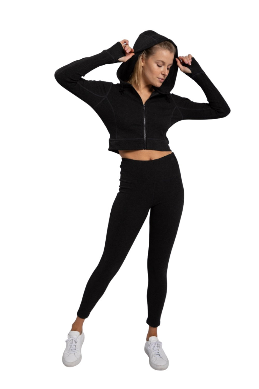 Mono B Cropped Zip Hoodie with Thumbholes AJ-A1061 - Black - Front Full View