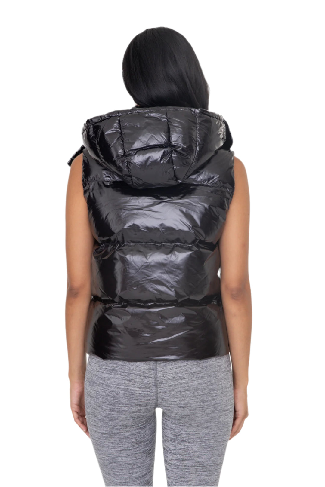 Mono B Cropped Glossy Faux Leather Hoodie Vest - Black - Back View