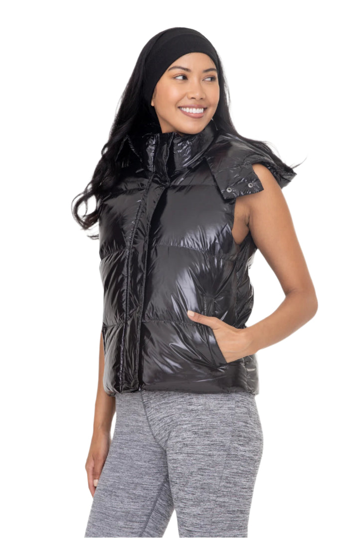 Mono B Cropped Glossy Faux Leather Hoodie Vest - Black - Front Side View