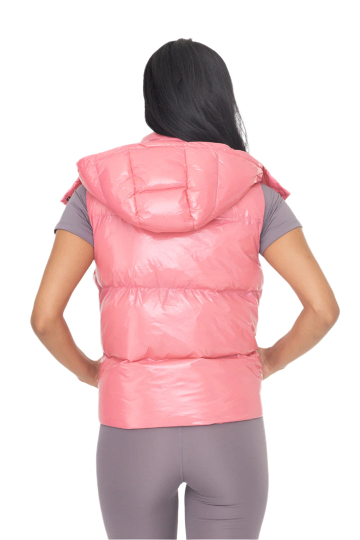Mono B Cropped Glossy Faux Leather Hoodie Vest - Bubble Gum Pink - Back View