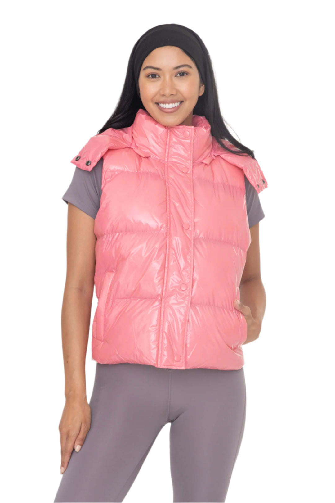 Mono B Cropped Glossy Faux Leather Hoodie Vest - Bubble Gum Pink - Front View