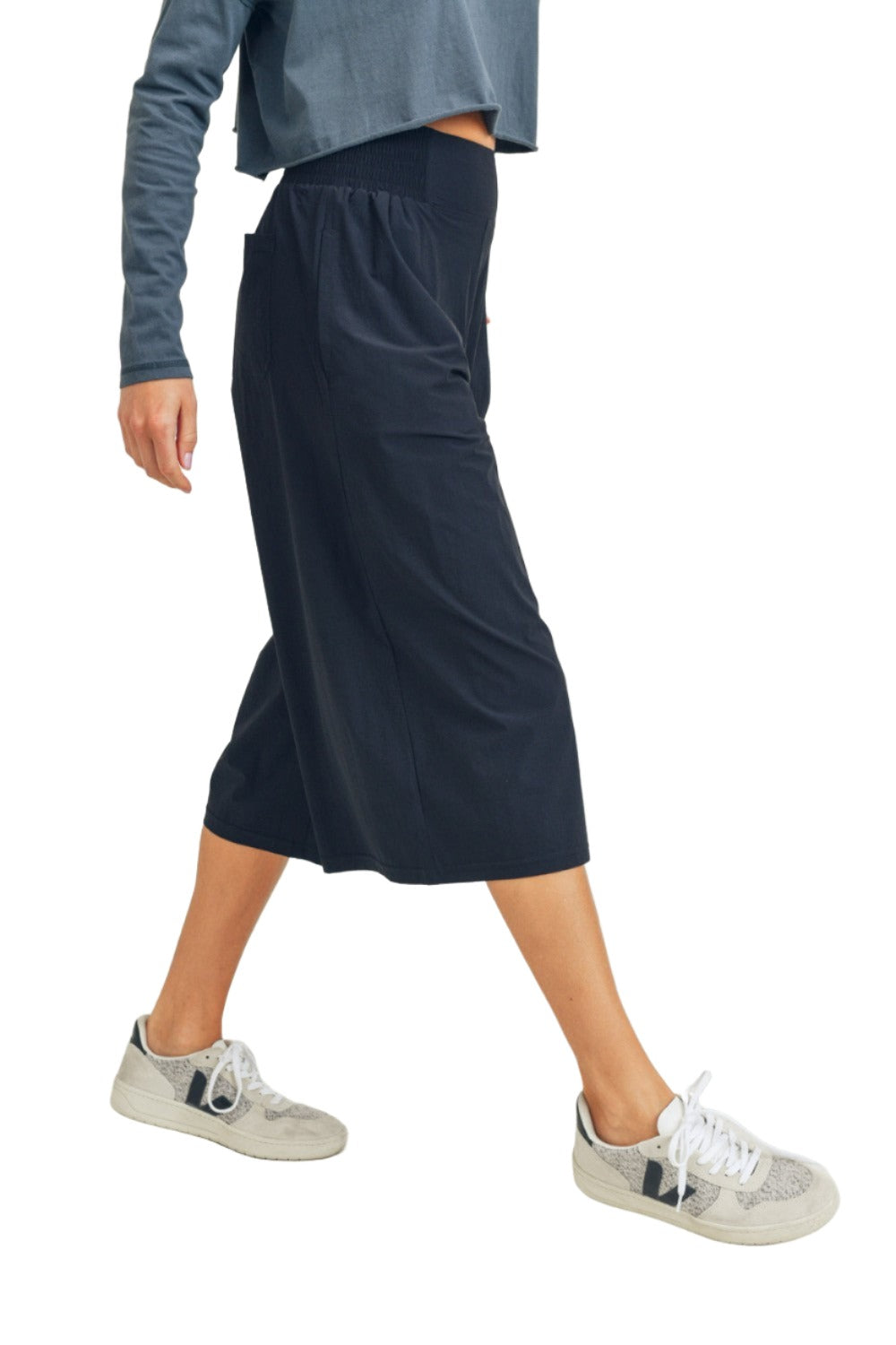 Mono B Culotte Pants With Elastic Waistband AP-A0671 and Plus - Black - Side View
