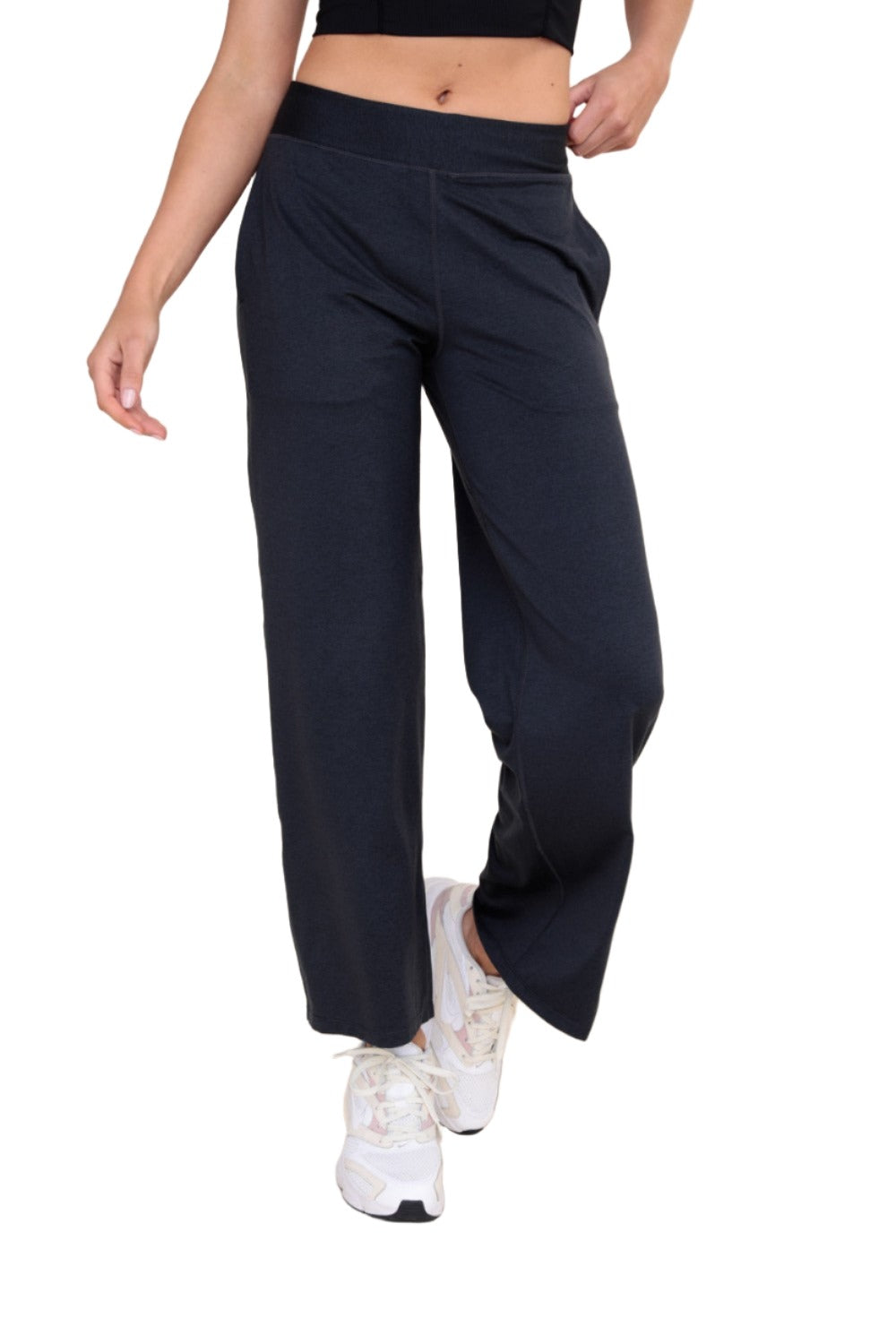 Mono B Mid-Rise Yoga Pants AP-B0558 - 2 Tone Black - Front View