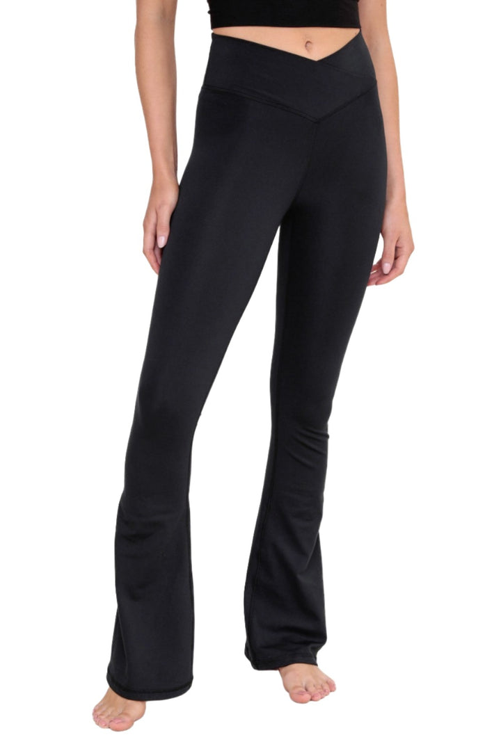Mono B Venice Crossover Waist Yoga Pants AP-B0891 and Plus - Black - Front View
