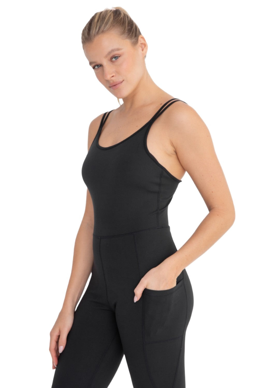 Mono B Sleeveless Full Length Unitard with Pockets AP-BR093 - Black - Side View