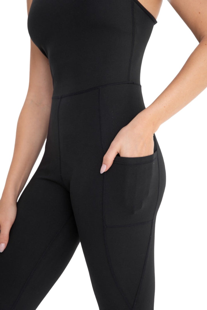 Mono B Sleeveless Full Length Unitard with Pockets AP-BR093 - Black - Rear View