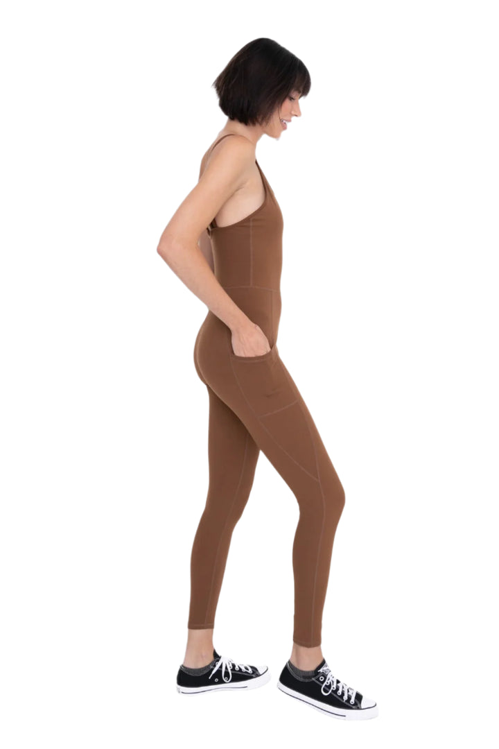 Mono B Sleeveless Full Length Unitard with Pockets - Cocoa Dust - Side Full View