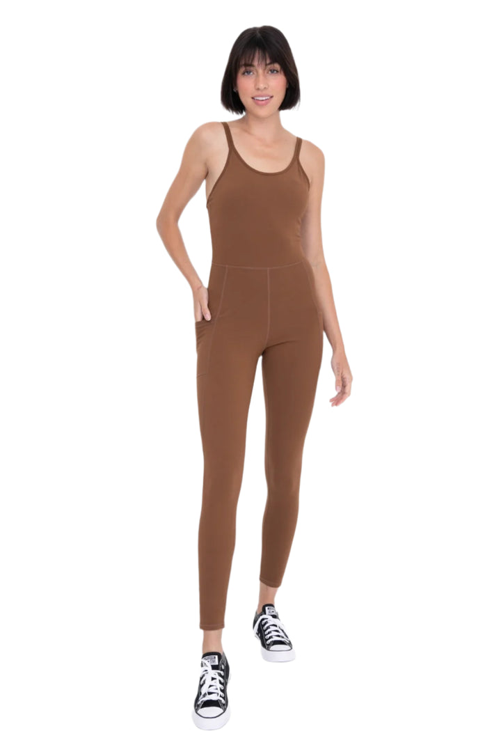 Mono B Sleeveless Full Length Unitard with Pockets - Cocoa Dust - Front Full View