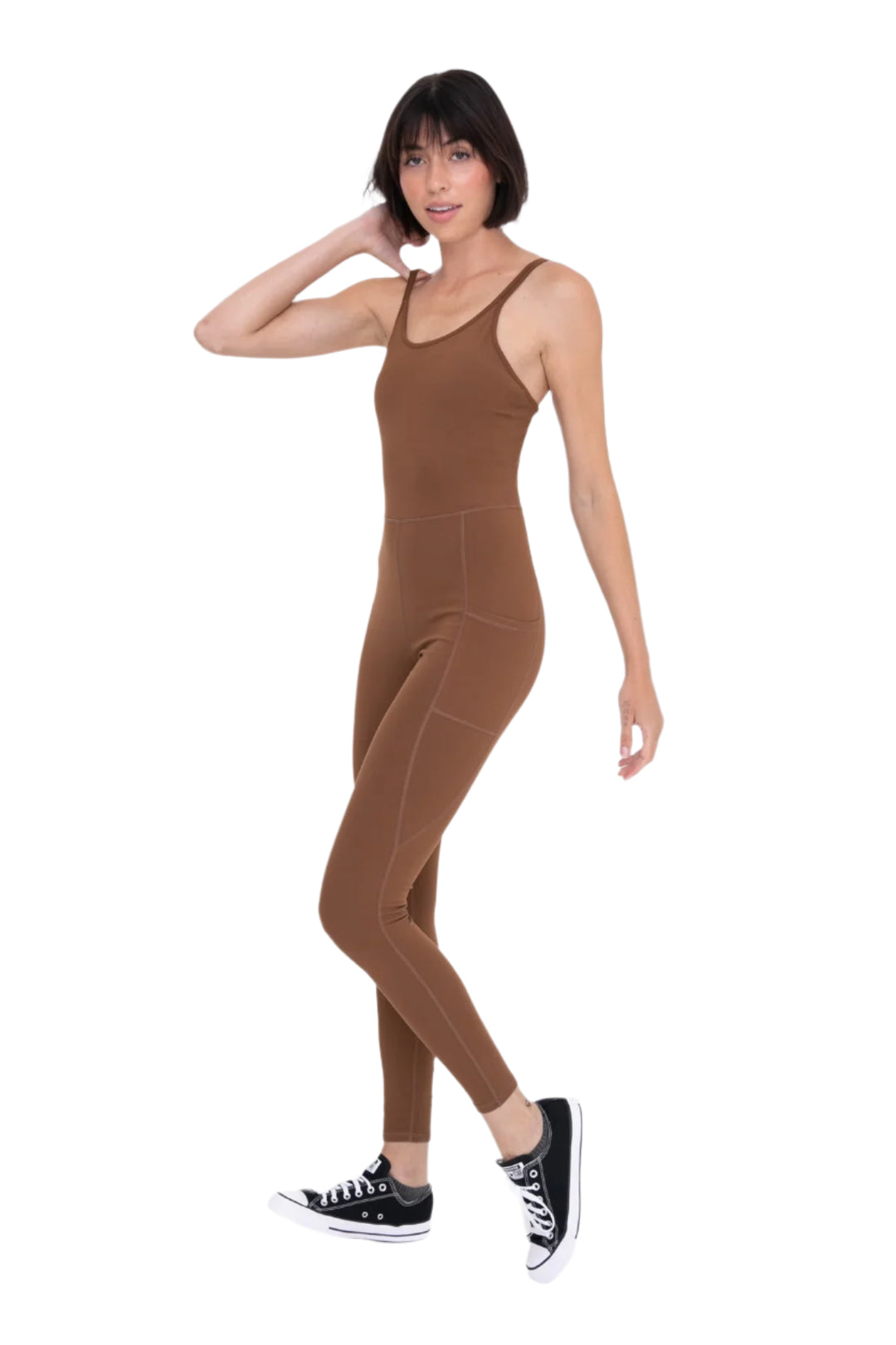 Mono B Sleeveless Full Length Unitard with Pockets - Cocoa Dust - Full Side View2