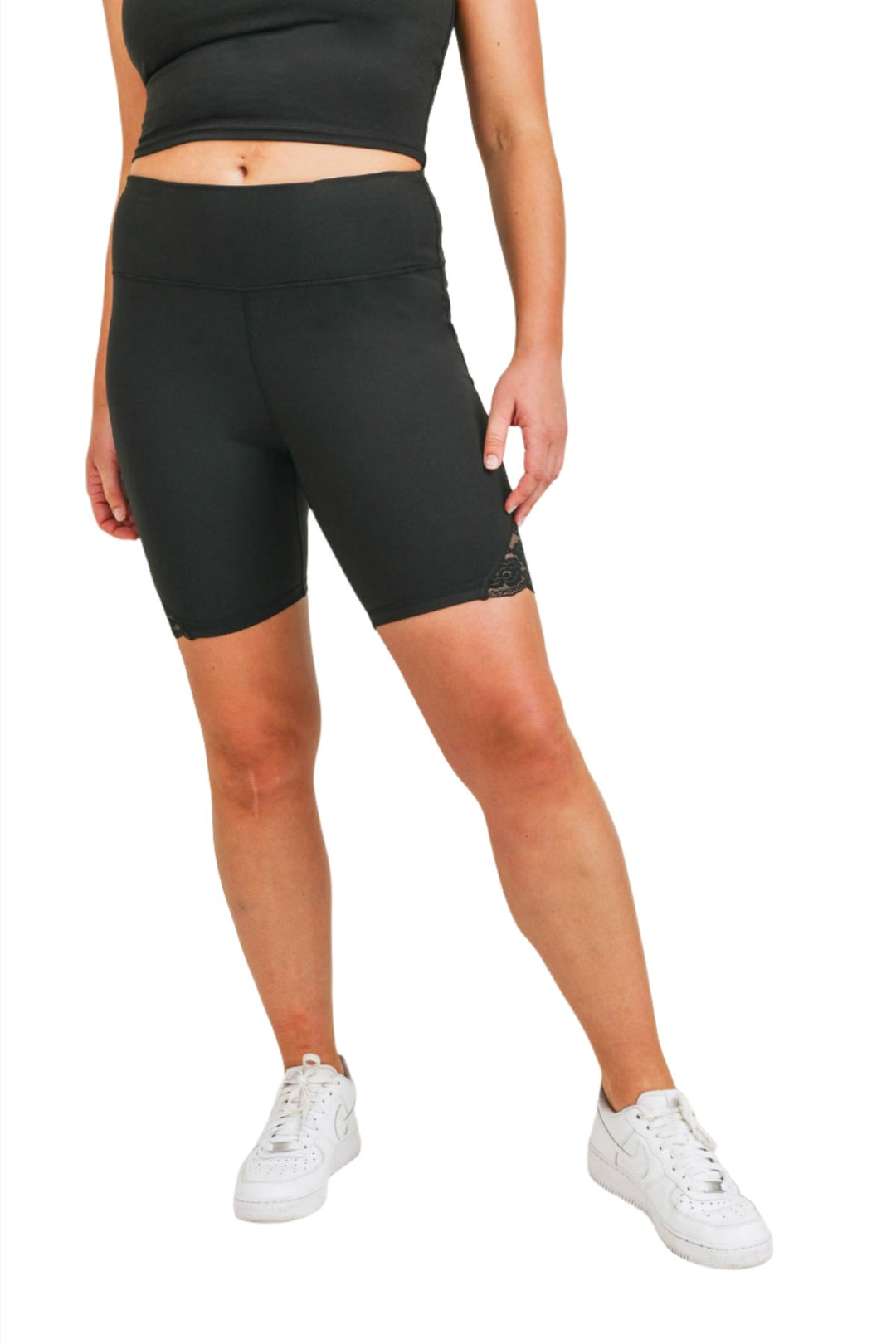 Mono B lace inset high waist Biker Shorts APH-A0416 and Plus - Black - Front View
