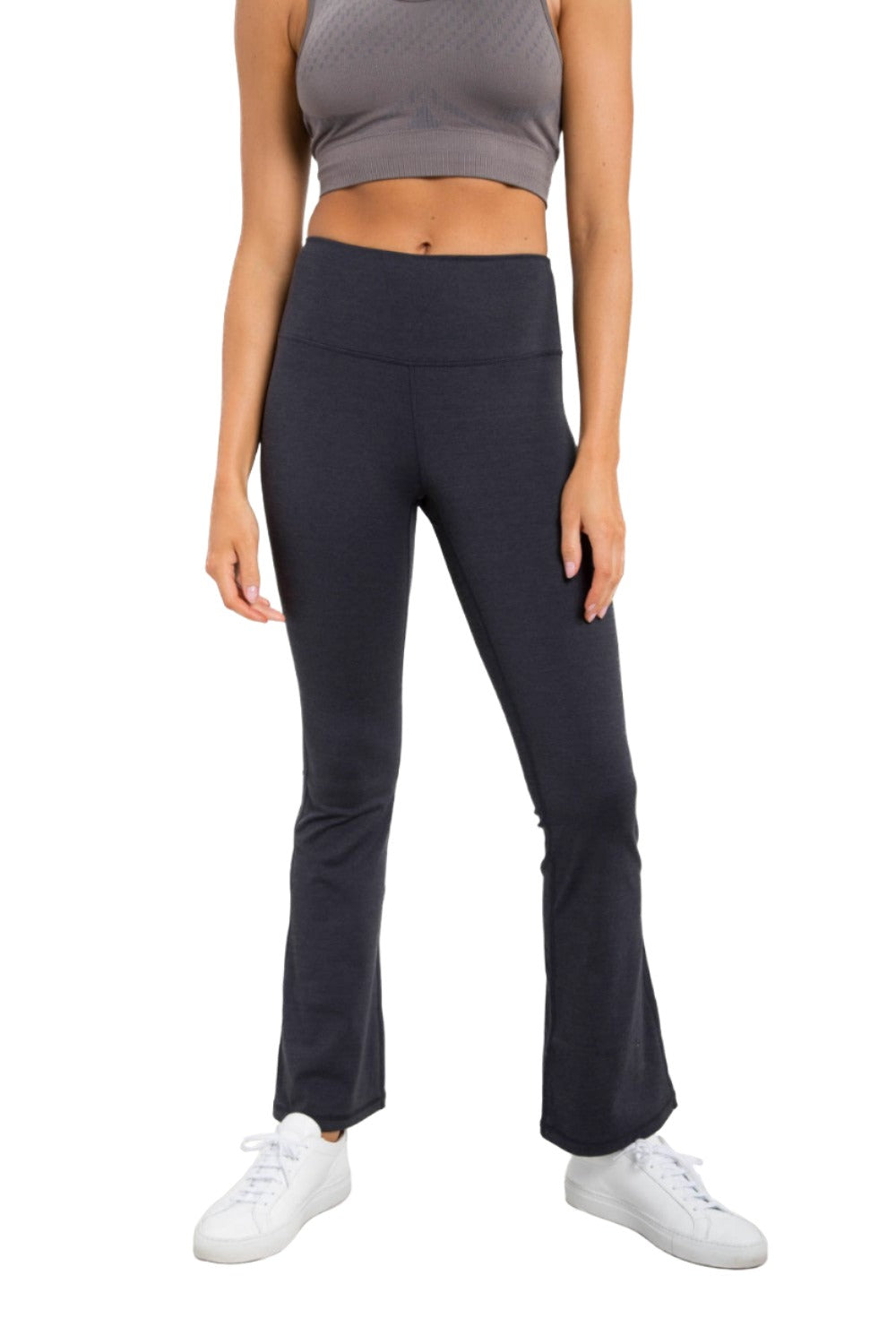 Mono B Flare Swoop Back High-Waisted Leggings APH-A0681 And Plus - Black - Front View