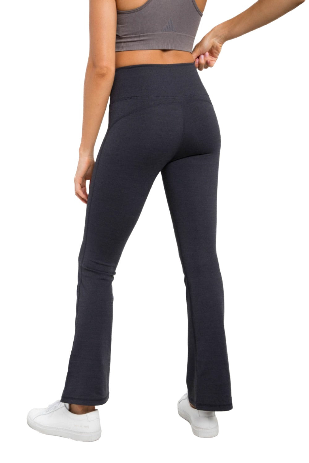 Mono B Flare Swoop Back High-Waisted Leggings APH-A0681 And Plus - Black - Back Side View