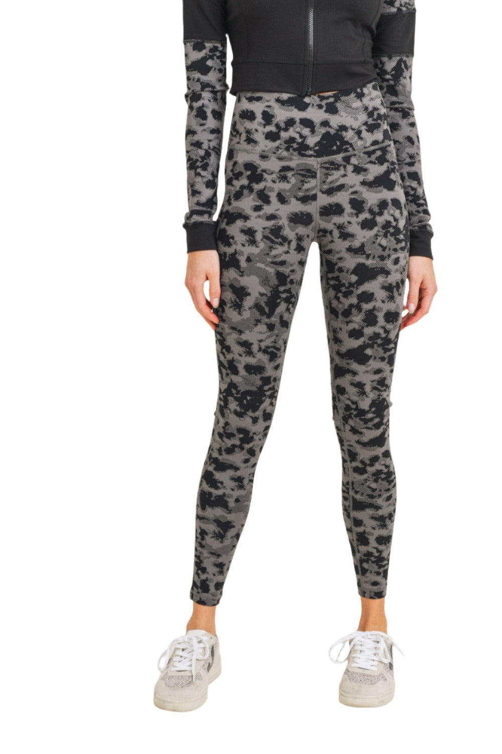 Mono B Textured Spotted High waist Leggings APH-A075 and Plus - Black/Grey - Front View