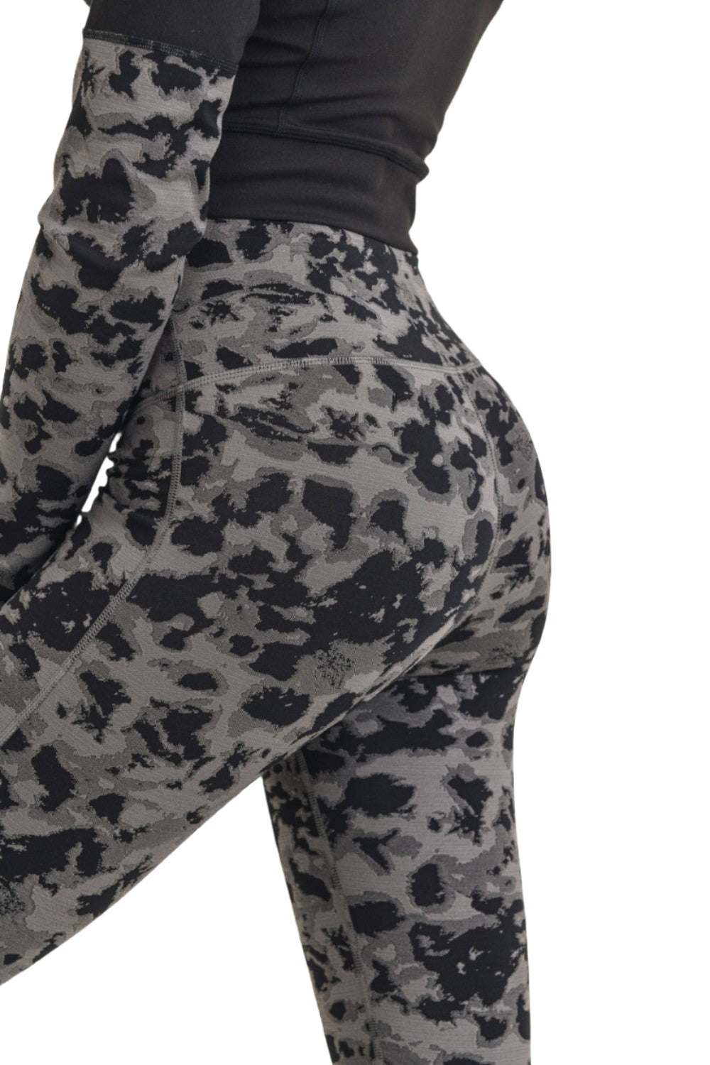Mono B Textured Spotted High waist Leggings APH-A075 and Plus - Black/Grey - Side Rear View