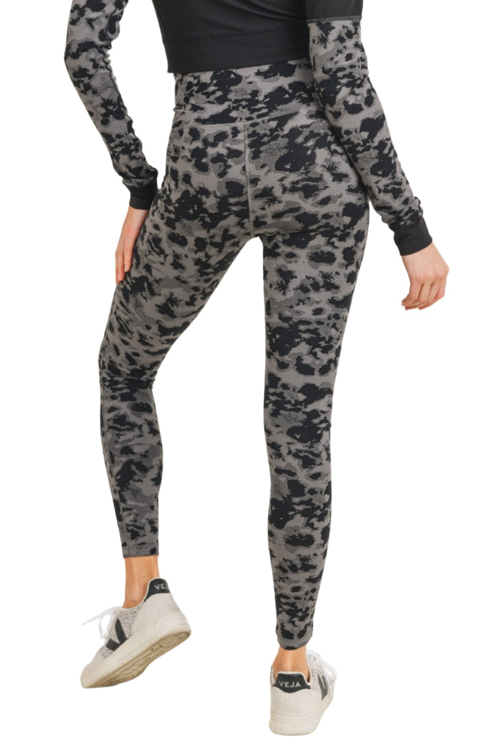 Mono B Textured Spotted High waist Leggings APH-A075 and Plus - Black/Grey - Back View