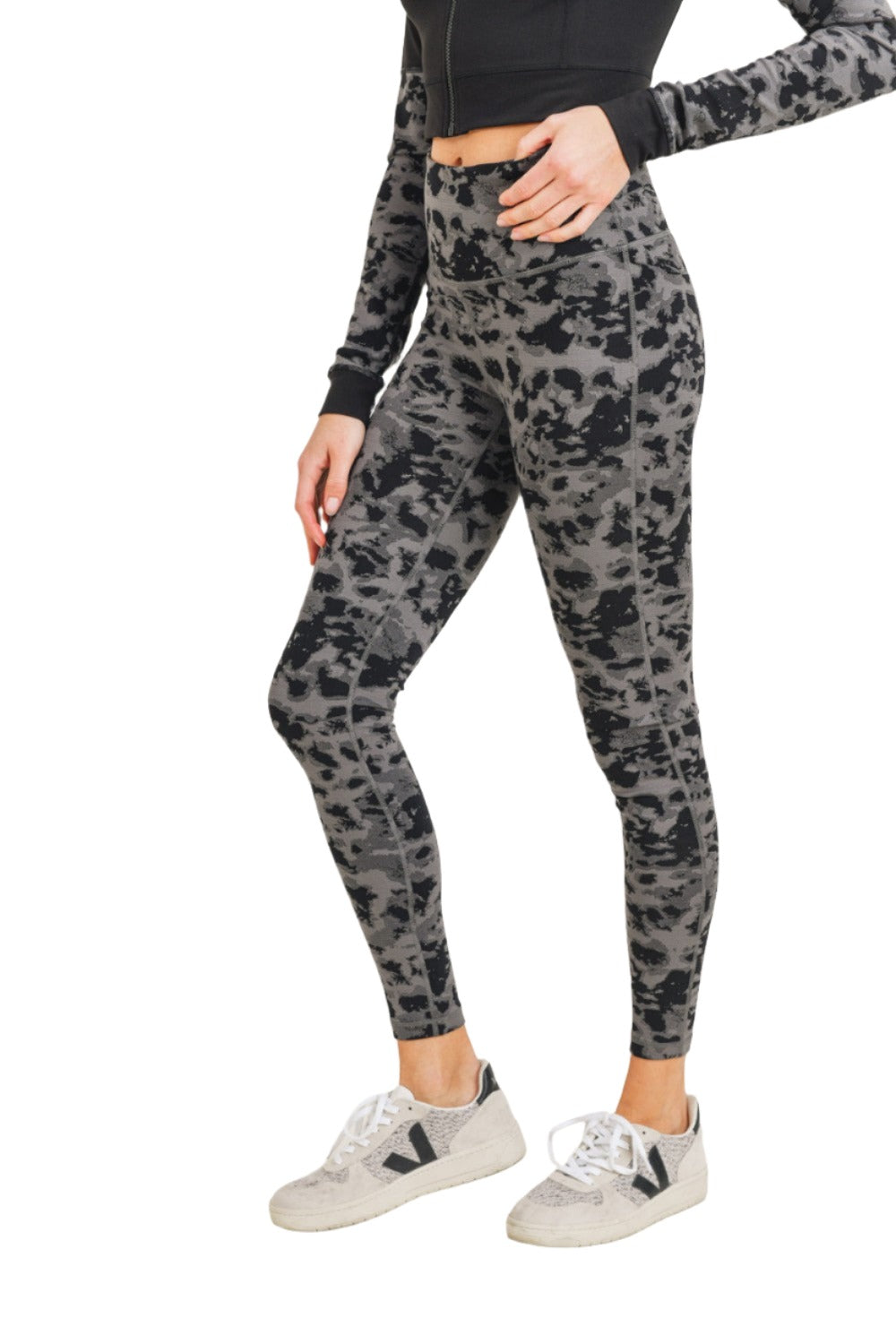 Mono B Textured Spotted High waist Leggings APH-A075 and Plus - Black/Grey - Side View2