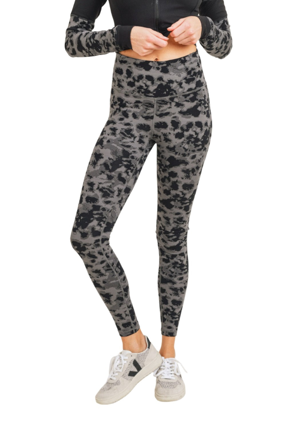 Mono B Textured Spotted High waist Leggings APH-A075 and Plus - Black/Grey - Front View
