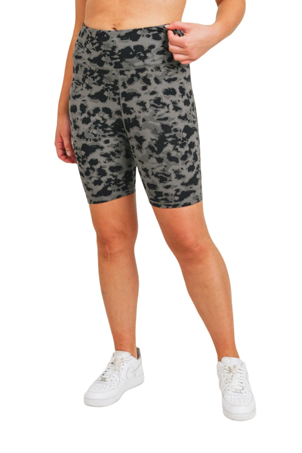 Mono B Textured Spotted Jacquard High Waist Biker Shorts APH-A076 Plus - Black/Grey - Front View2