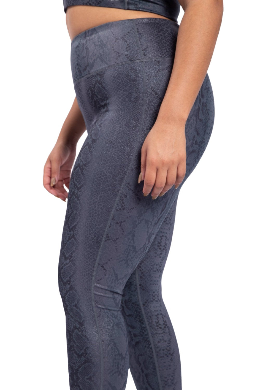 Mono B Shimmer Snake Foil High-Waisted Leggings APH-A0762 and Plus - Grey Snake - Side View2
