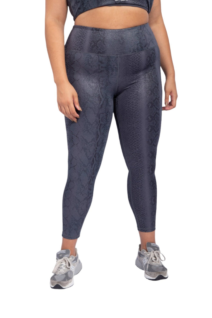 Mono B Shimmer Snake Foil High-Waisted Leggings APH-A0762 and Plus - Grey Snake - Front View