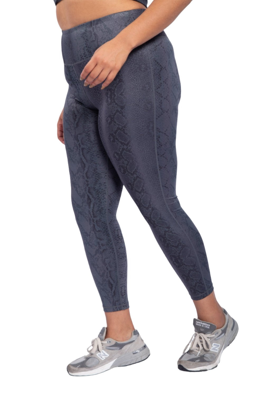 Mono B Shimmer Snake Foil High-Waisted Leggings APH-A0762 and Plus - Grey Snake - Side View
