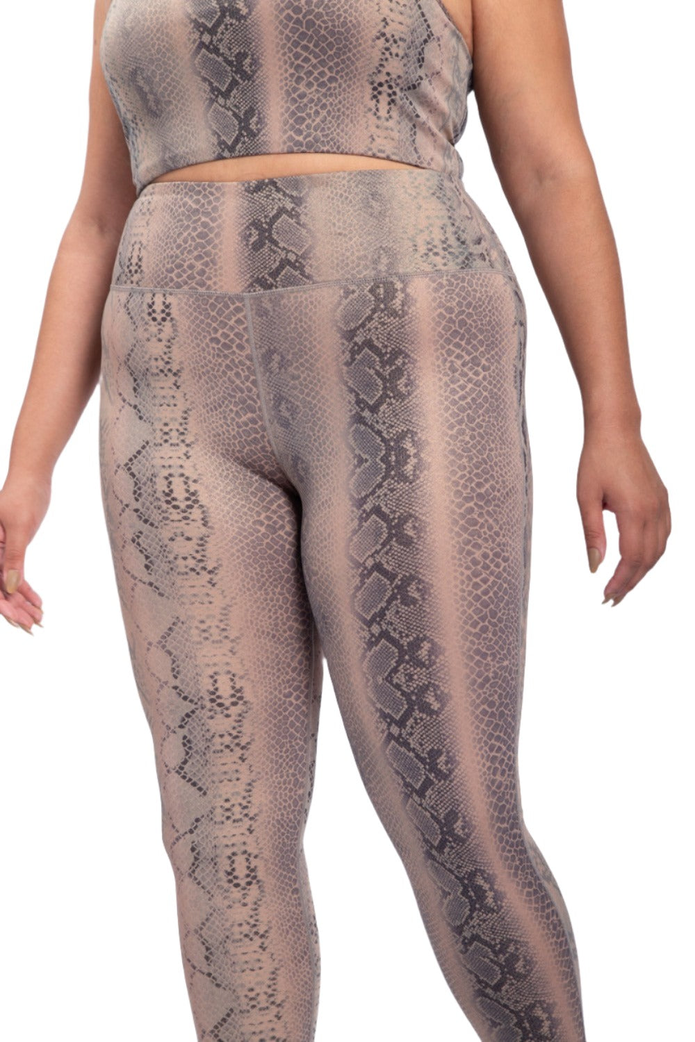 Mono B Shimmer Snake Foil High-Waisted Leggings APH-A0762 and Plus - Mushroom Snake - Front Rear View