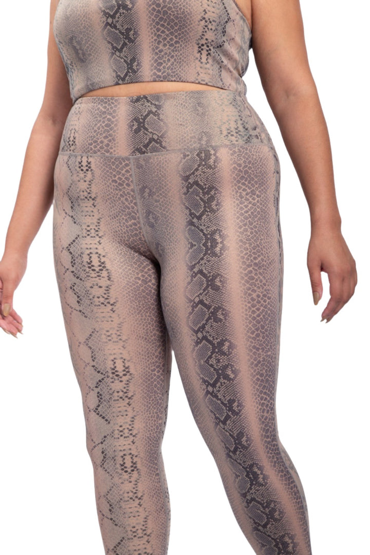 Mono B Shimmer Snake Foil High-Waisted Leggings APH-A0762 and Plus - Mushroom Snake - Front Rear View