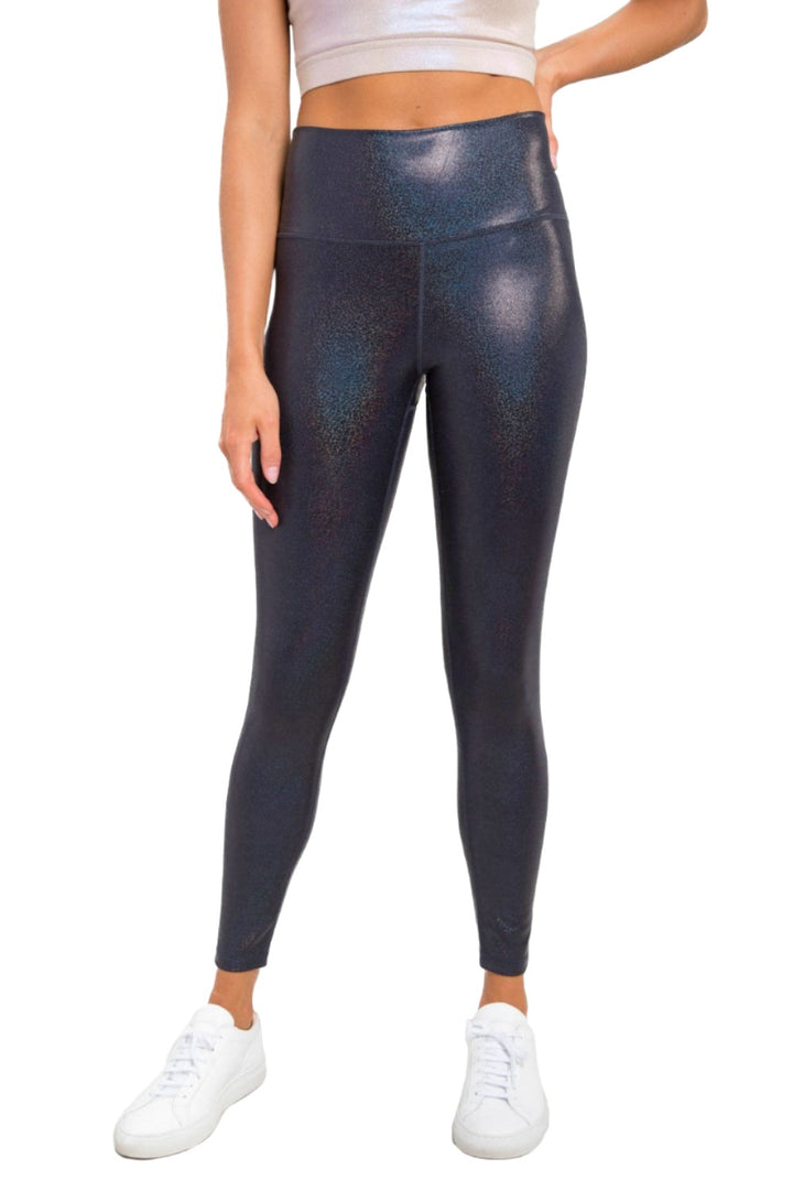 Mono B Holographic Glitter High-Waisted Leggings APH-A0868 - Black/Black - Front View