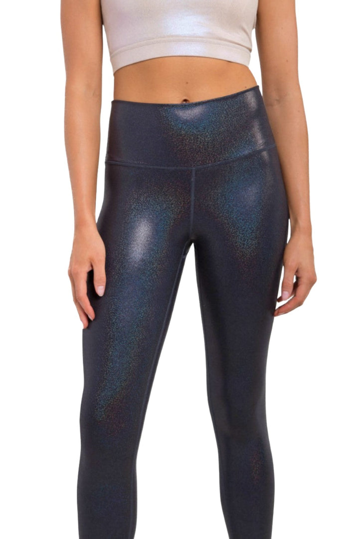 Mono B Holographic Glitter High-Waisted Leggings APH-A0868 - Black/Black - Front View