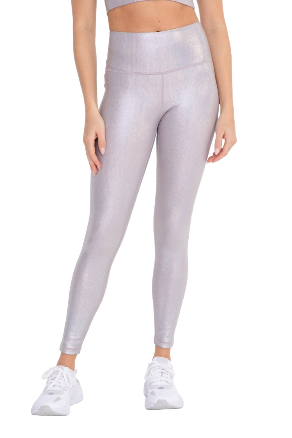 Mono B Iridescent Holo Foil High-Waisted Leggings APH-A0870 and Plus - Silver Foil - Front View