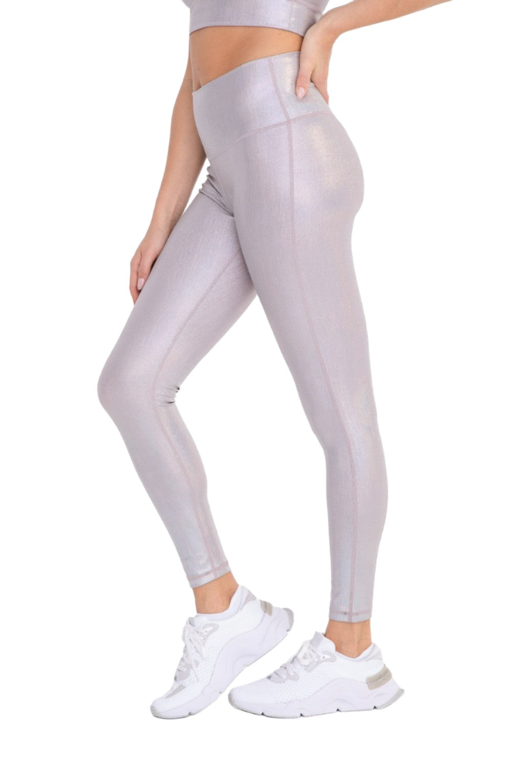 Mono B Iridescent Holo Foil High-Waisted Leggings APH-A0870 and Plus - Silver Foil - Side View