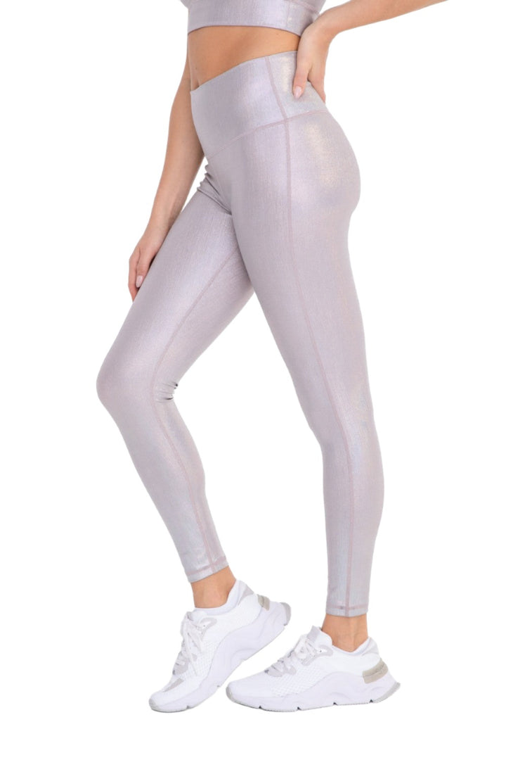 Mono B Iridescent Holo Foil High-Waisted Leggings APH-A0870 and Plus - Silver Foil - Side View
