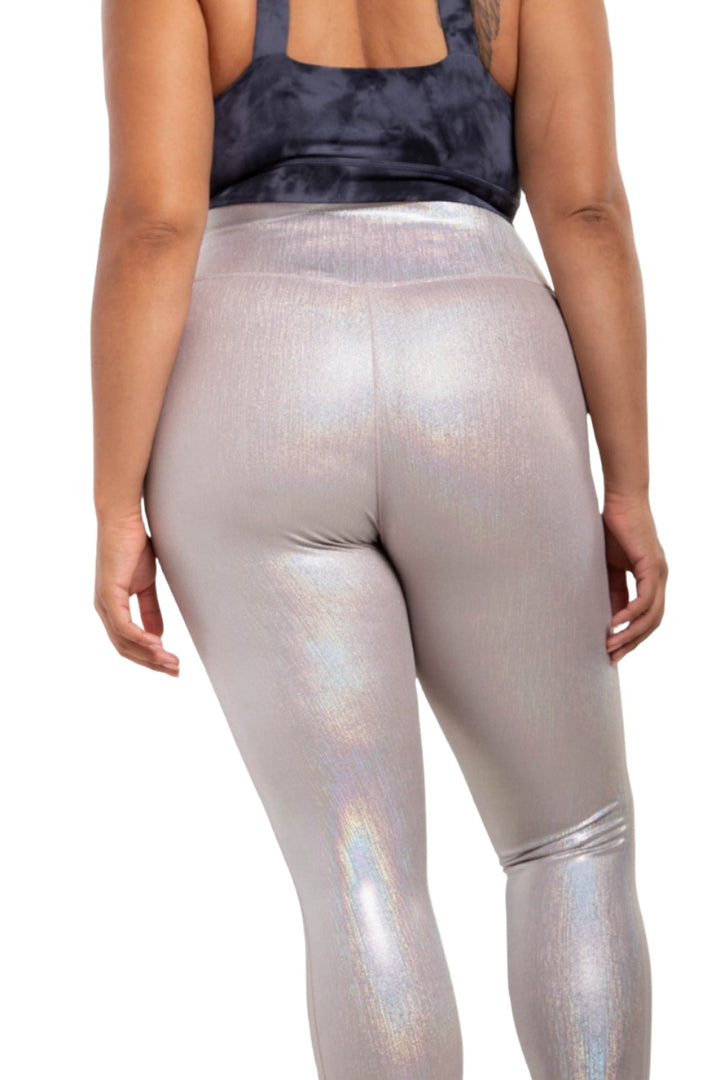Mono B Iridescent Holo Foil High-Waisted Leggings APH-A0870 and Plus - Silver Foil - Back View