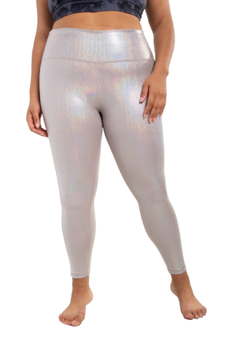 Mono B Iridescent Holo Foil High-Waisted Leggings APH-A0870 and Plus - Silver Foil - Front View