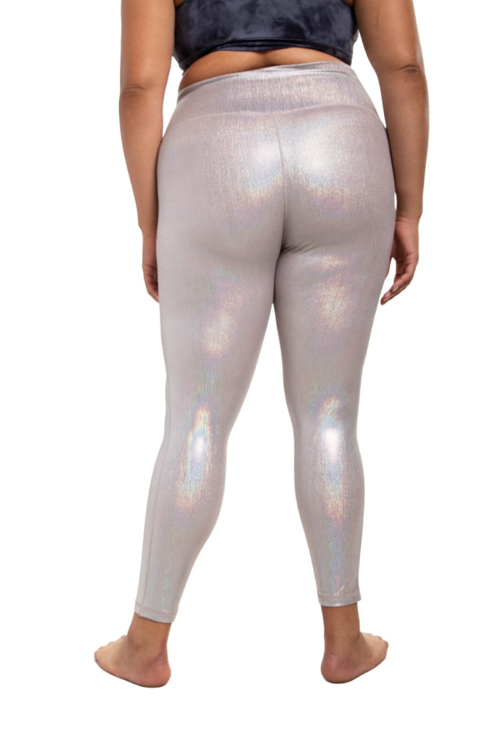 Mono B Iridescent Holo Foil High-Waisted Leggings APH-A0870 and Plus - Silver Foil - Back View