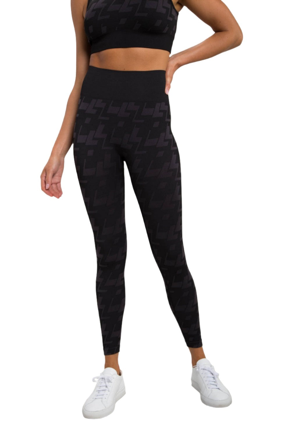 Mono B Seamless Geometric Print Leggings APH-A09101 - Charcoal - Front View