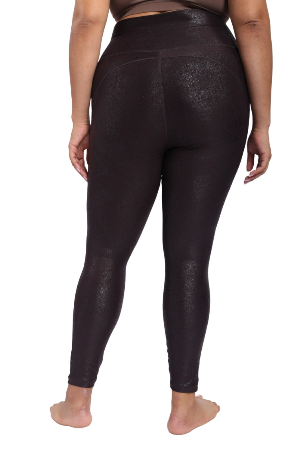 Mono B High Waist Foil Leggings With Seam Details APH-A0950 and Plus - Chocolate Foil - Back View
