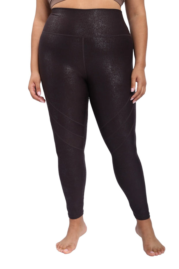 Mono B High Waist Foil Leggings With Seam Details APH-A0950 and Plus - Chocolate Foil - Front View