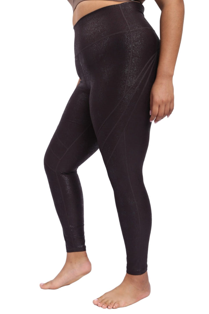 Mono B High Waist Foil Leggings With Seam Details APH-A0950 and Plus - Chocolate Foil - Side View