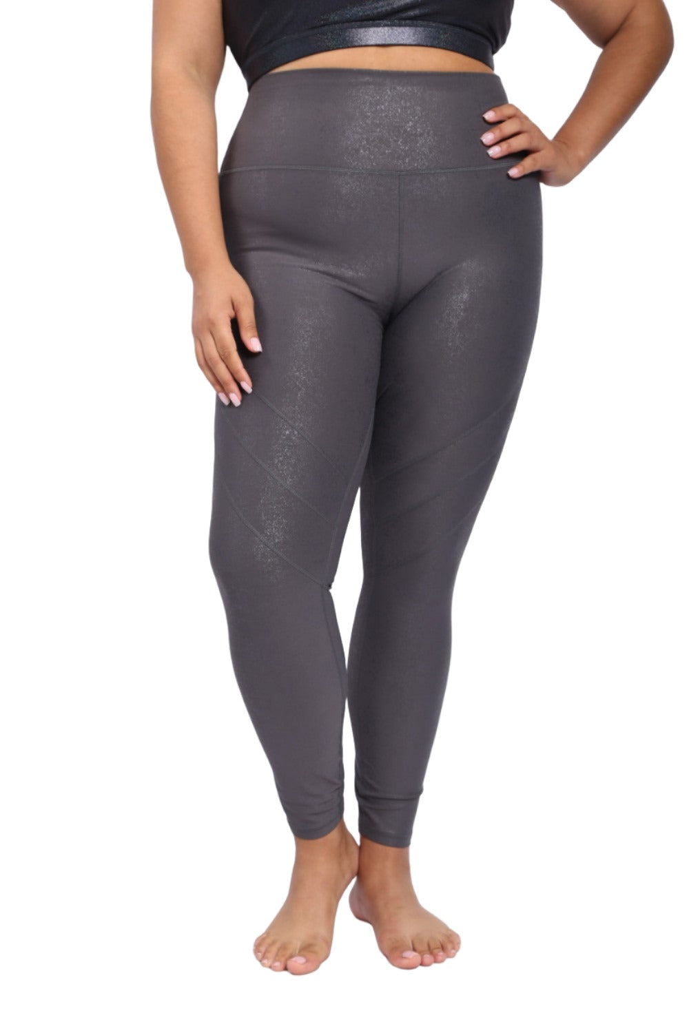 Mono B High Waist Foil Leggings With Seam Details APH-A0950 and Plus - Urban Chic Foil - Front View