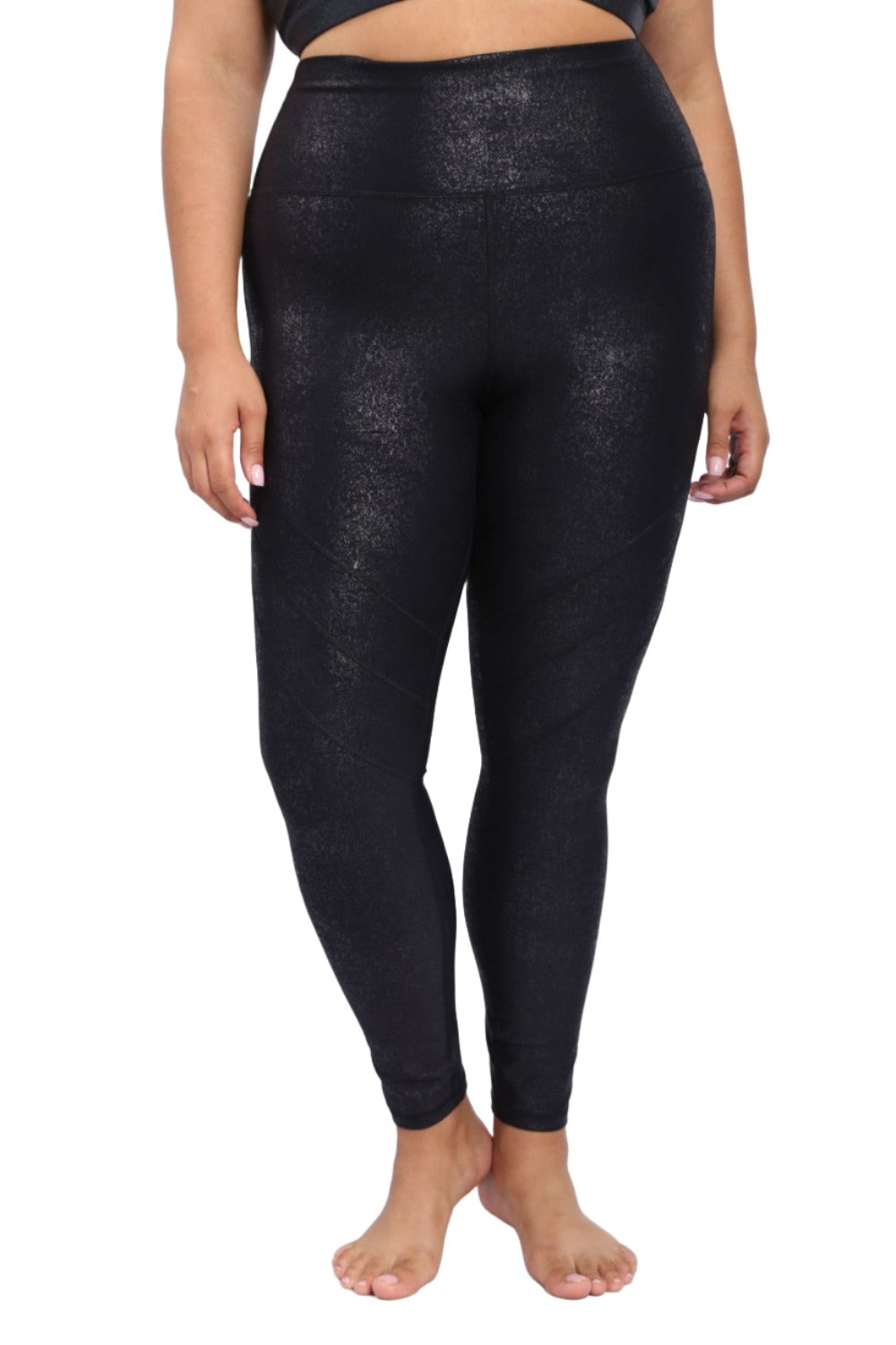 Mono B High Waist Foil Leggings With Seam Details APH-A0950 and Plus - Black Foil - Front View