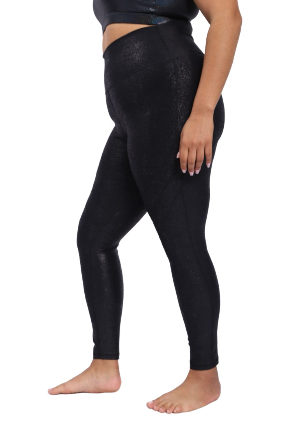 Mono B High Waist Foil Leggings With Seam Details APH-A0950 and Plus - Black Foil - Side View