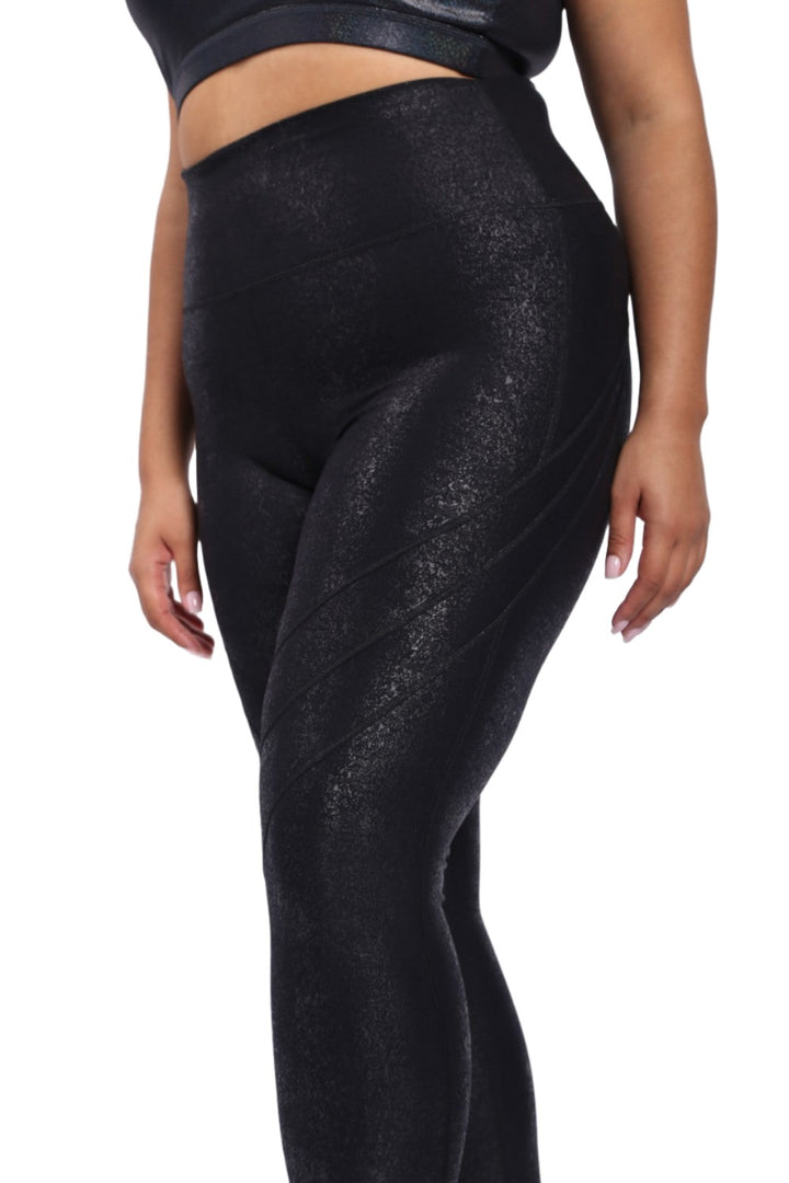 Mono B High Waist Foil Leggings With Seam Details APH-A0950 and Plus - Black Foil - Rear View