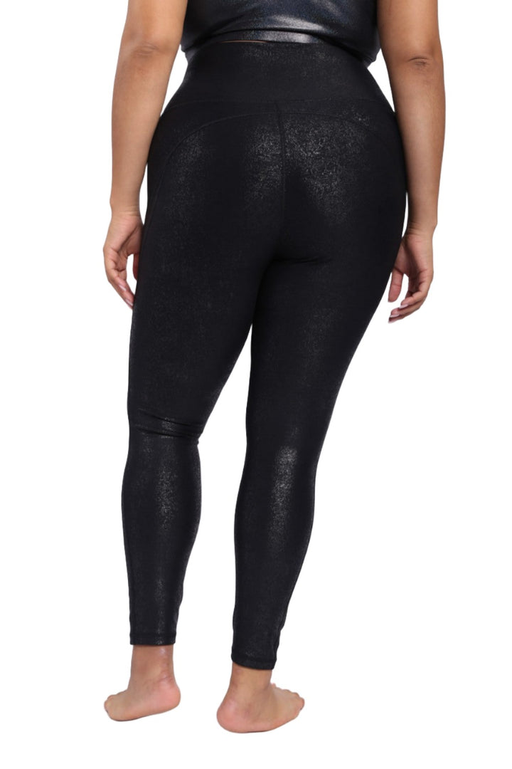 Mono B High Waist Foil Leggings With Seam Details APH-A0950 and Plus - Black Foil - Back View