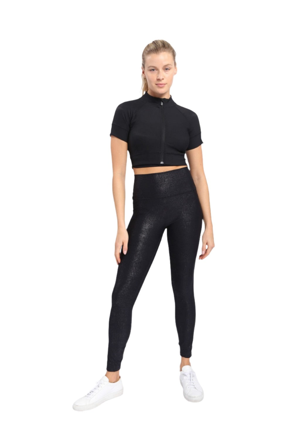 Mono B High waist Foil Leggings With Side Pockets APH-A0951 and Plus - Black - Front Full View
