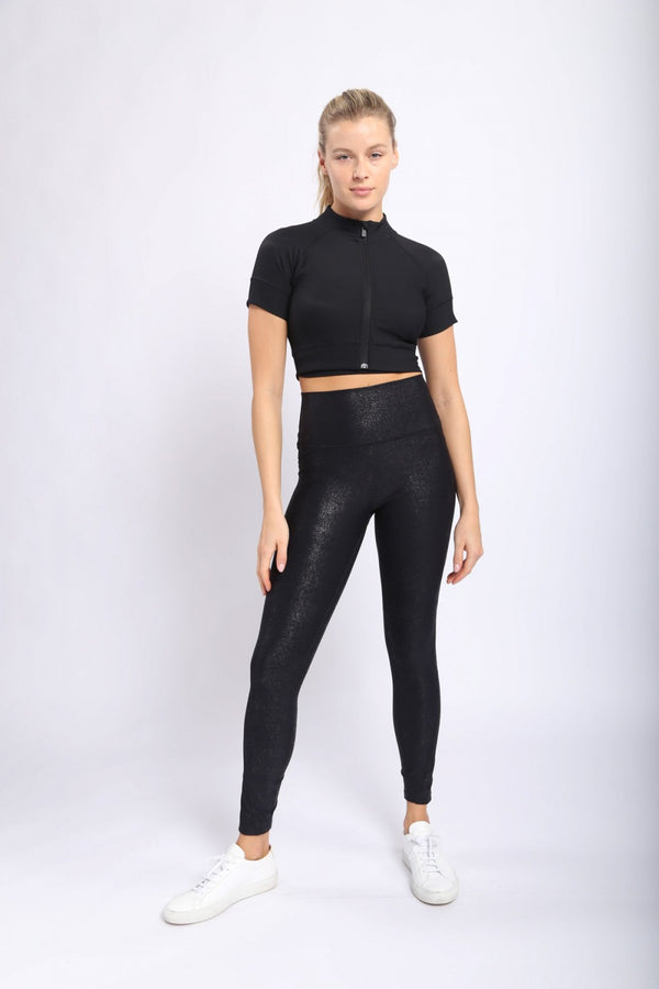 Mono B High waist Foil Leggings With Side Pockets APH-A0951 and Plus - Black - Front Full View